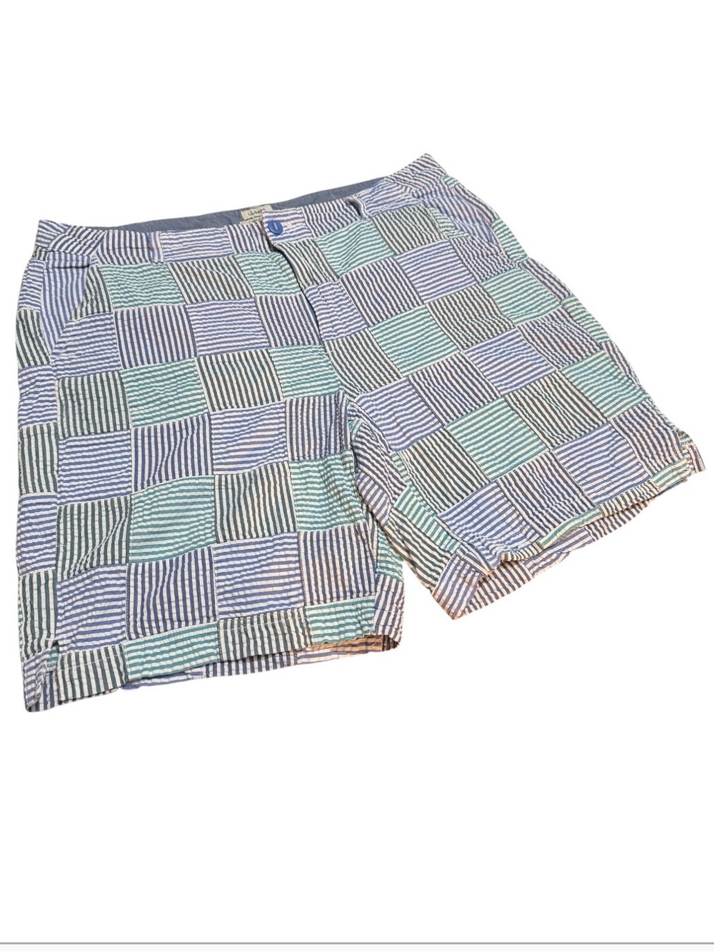 LL Bean Favorite Fit Seersucker Patchwork Women’s Shorts Green Blue White Sz 18